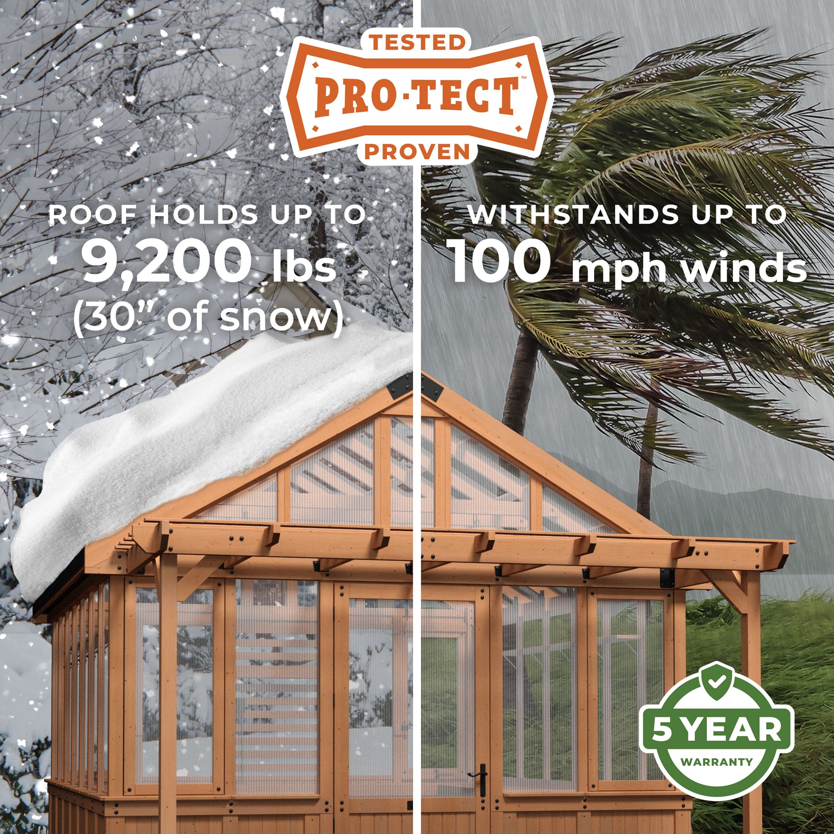 Backyard Discovery Pro-Tect rated cedar and polycarbonate Bellerose XL greenhouse, weather tested against wind and snow.