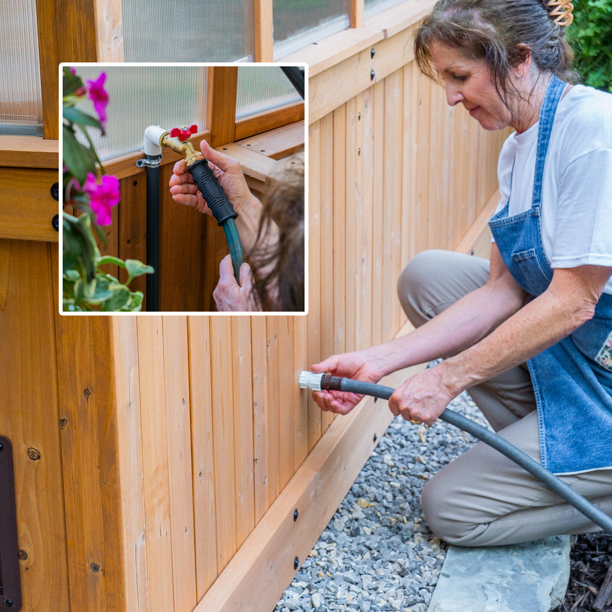 Woman connecting a garden hose to the water spigot that's built into  Backyard Discovery greenhouses.