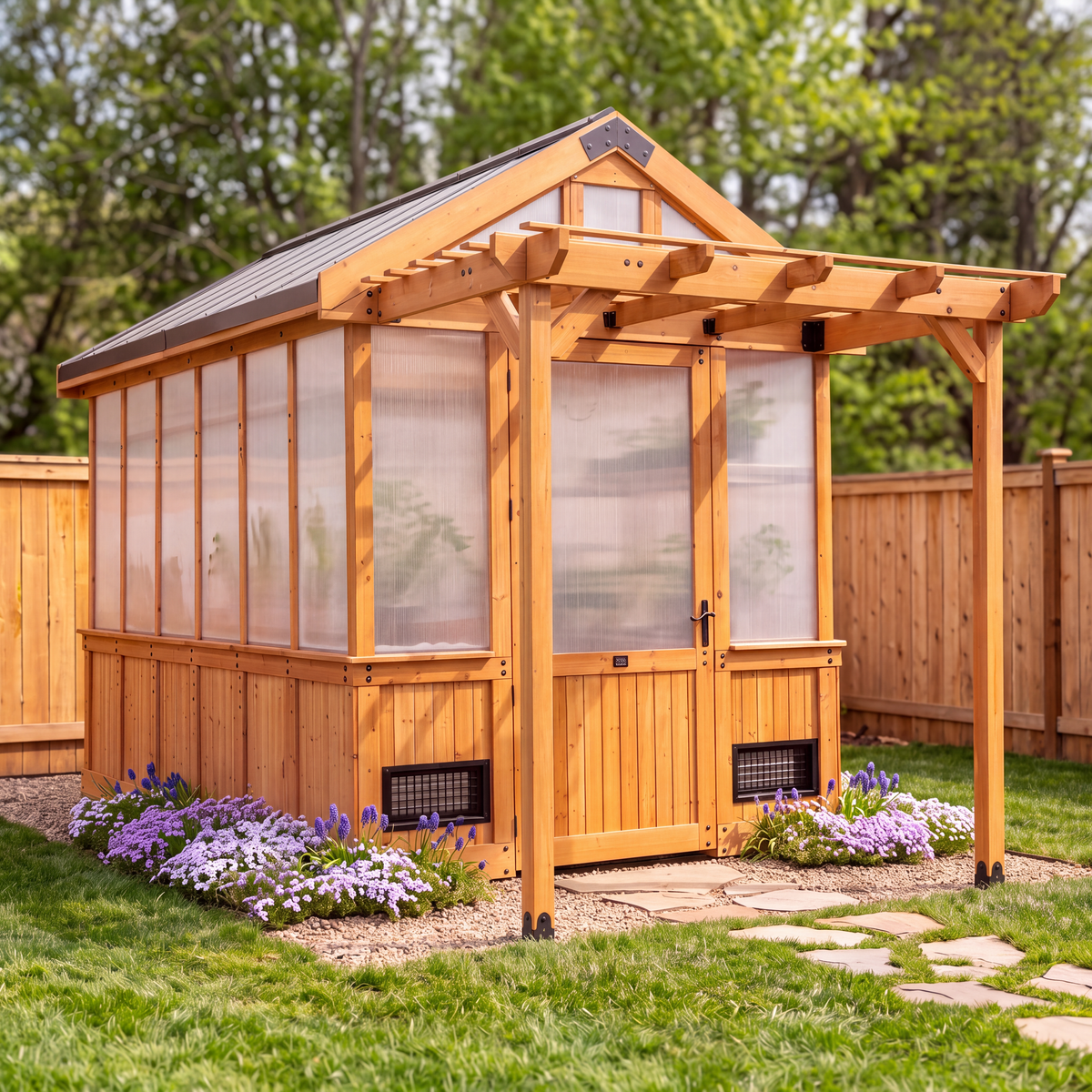 Cedar greenhouse kit with 4-wall polycarbonate panels and a peaked roof in a backyard garden.