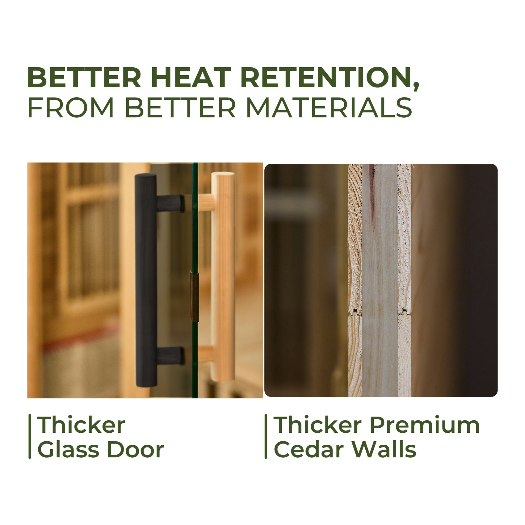 Heat-retention infographic showing thicker cedar and tinted 8mm tempered glass on Knox infrared sauna