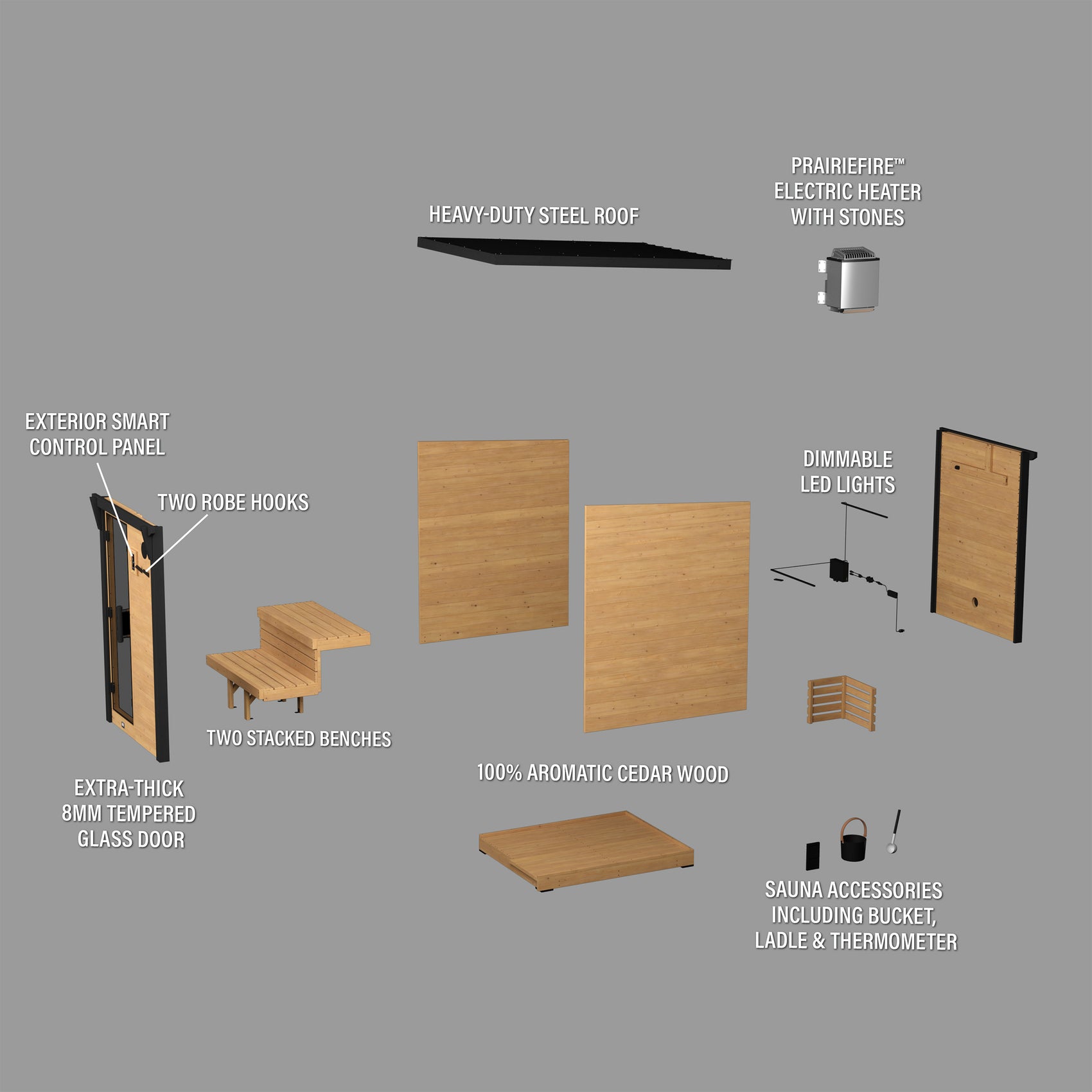 Exploded diagram of Bennett 2-4 person cabin sauna kit showing cedar walls, heater, glass door, and accessories