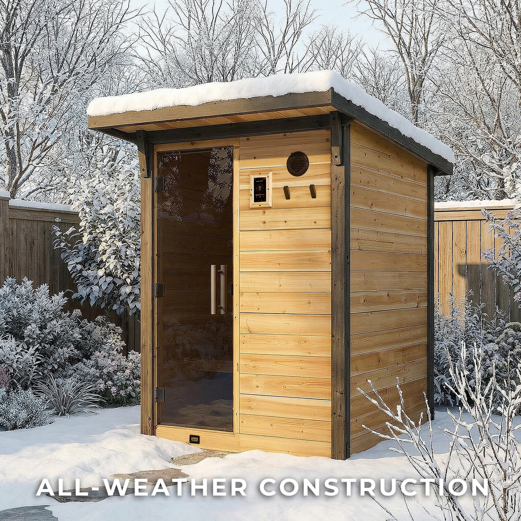 All-weather Bennett outdoor cabin sauna with steel roof in snowy backyard