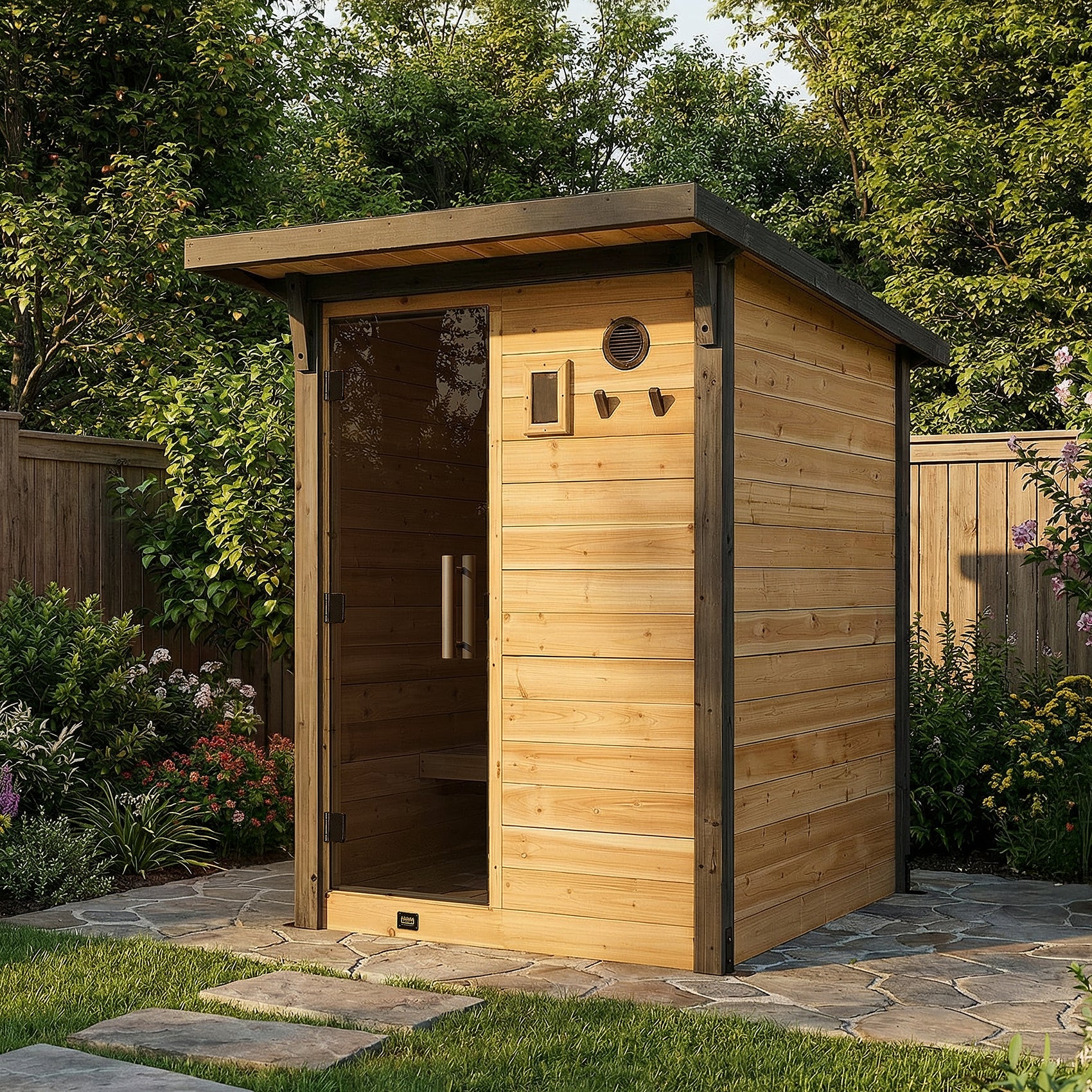 Backyard Discovery Bennett 2-4 person outdoor cabin sauna with black trim and tinted glass in backyard