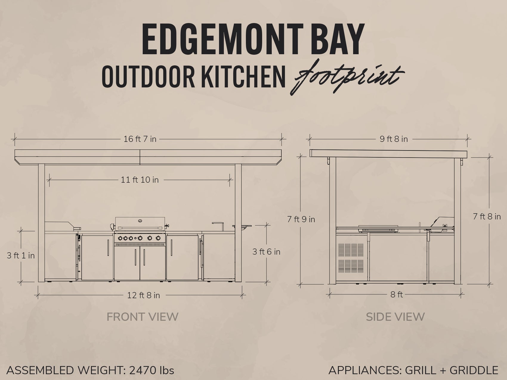 Edgemont Bay outdoor kitchen footprint diagram showing front and side views with a grill and griddle.