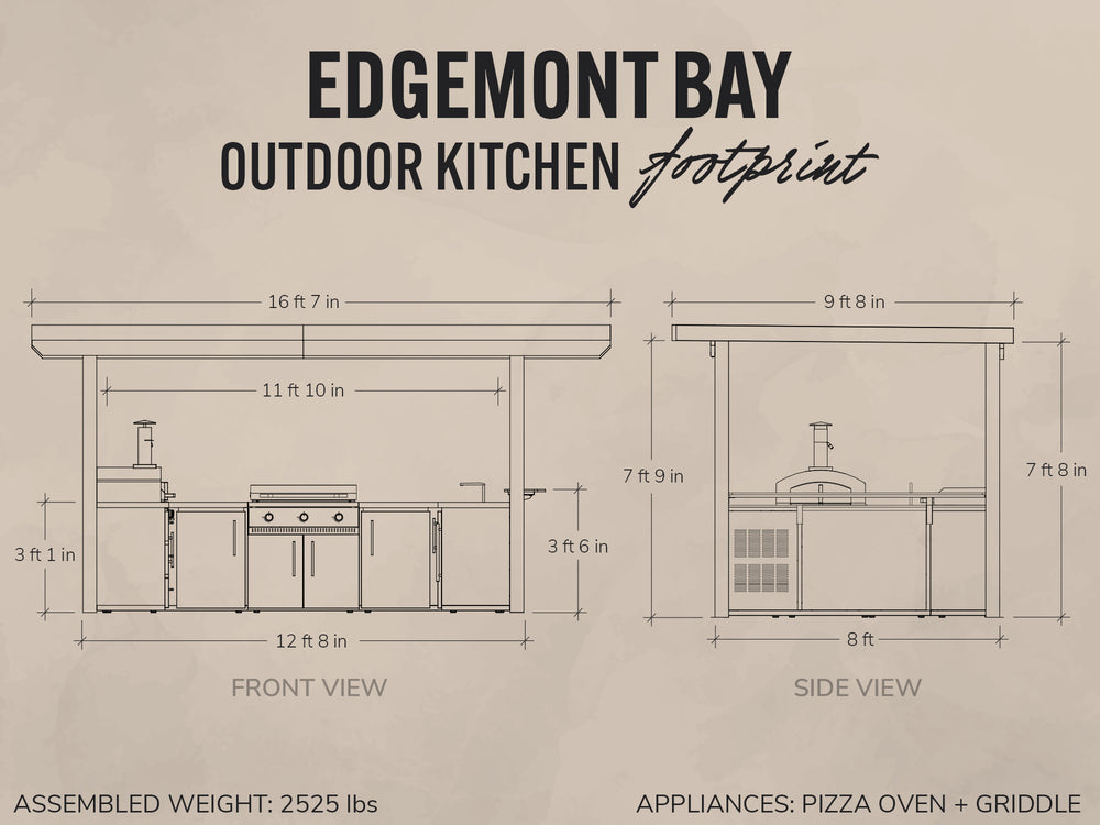 Edgemont Bay patio kitchen footprint diagram showing front and side views with a pizza oven and griddle.