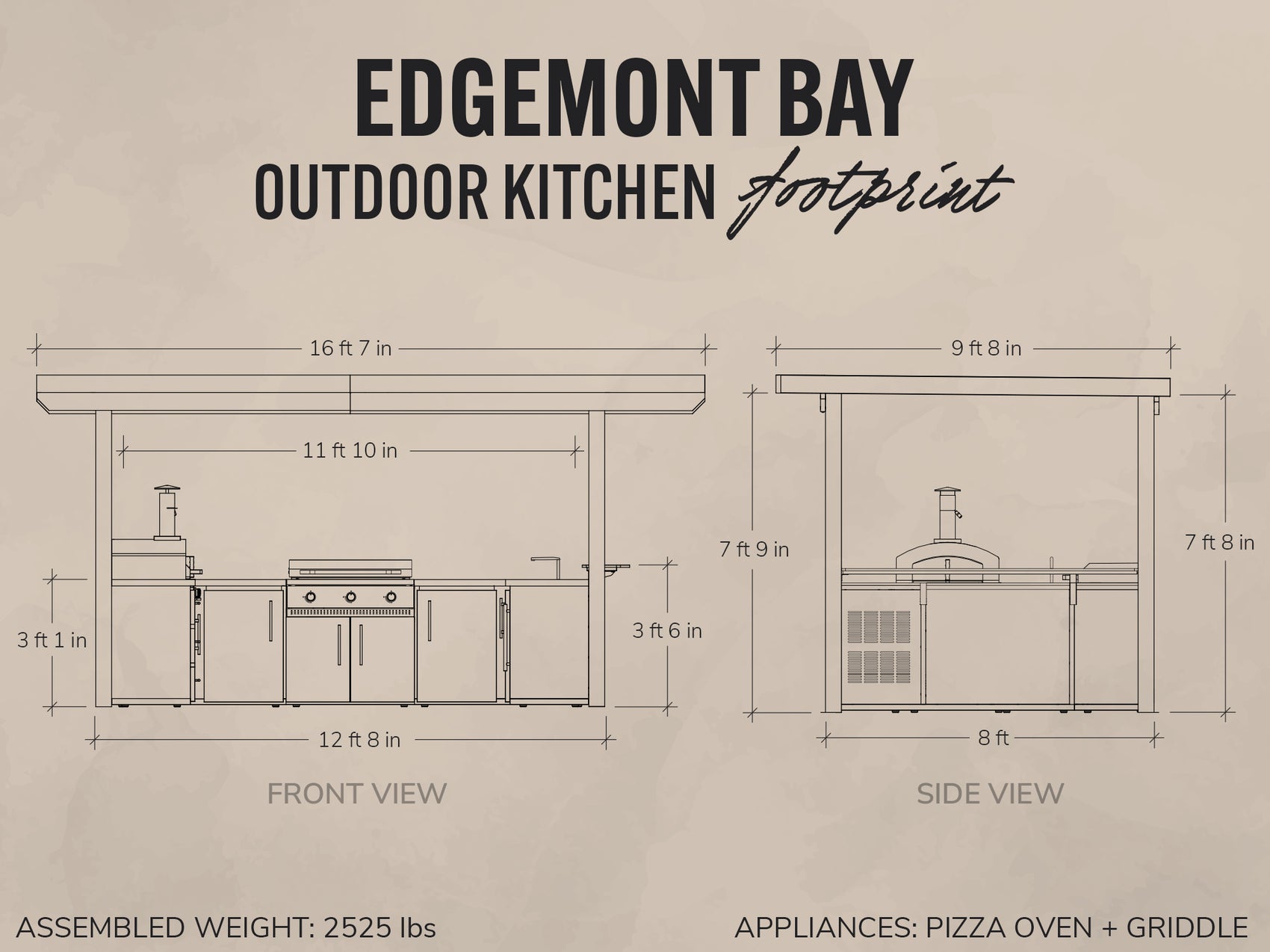 Edgemont Bay patio kitchen footprint diagram showing front and side views with a pizza oven and griddle.