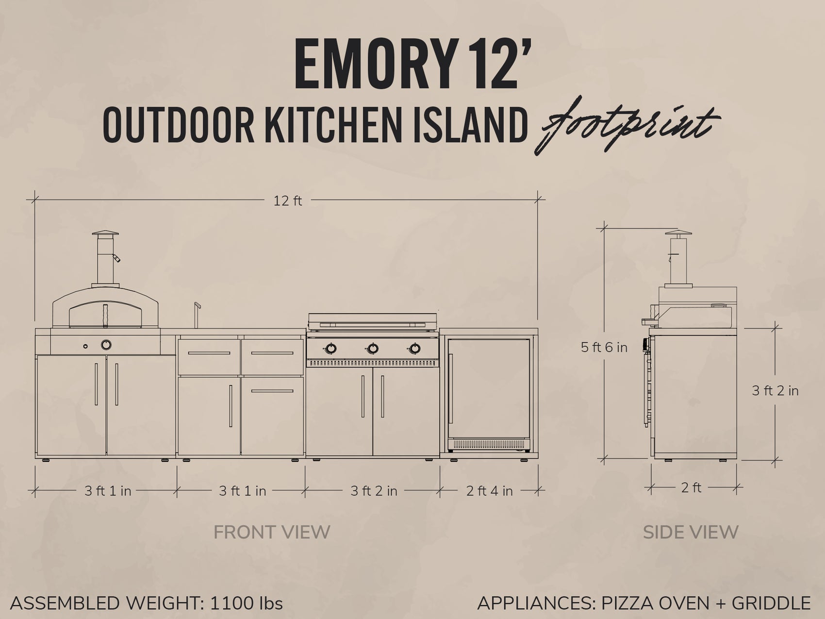 Emory backyard kitchen island footprint diagram showing a pizza oven, griddle, and refrigerator in front and side views.