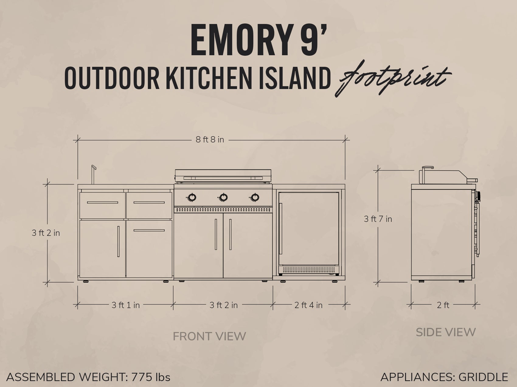 Blueprint-style drawing of the Emory outdoor kitchen island shows a griddle, sink, fridge.
