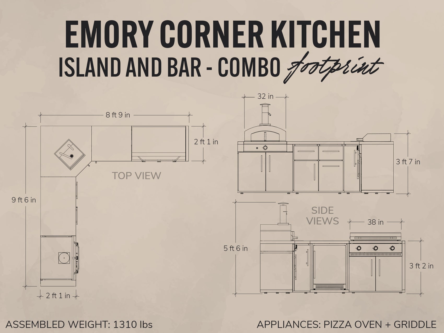 Emory Corner Kitchen backyard kitchen combo blueprint showing island-and-bar layout with pizza oven and griddle.