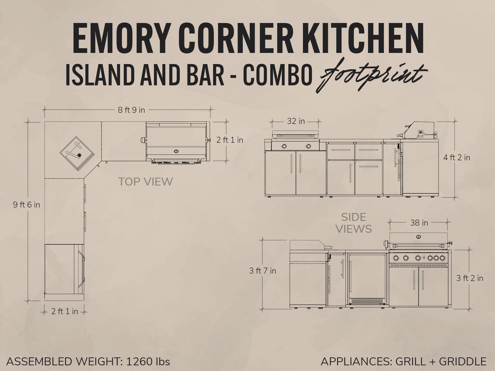 Footprint diagram of the L-shaped Emory outdoor kitchen combo showing top and side views with grill and griddle appliances.