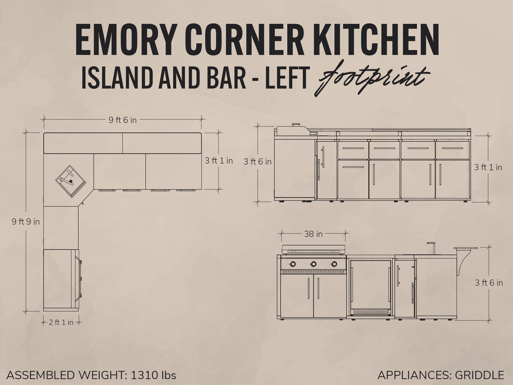 Emory Corner patio kitchen blueprint showing an L-shaped galvanized steel outdoor kitchen with a griddle.