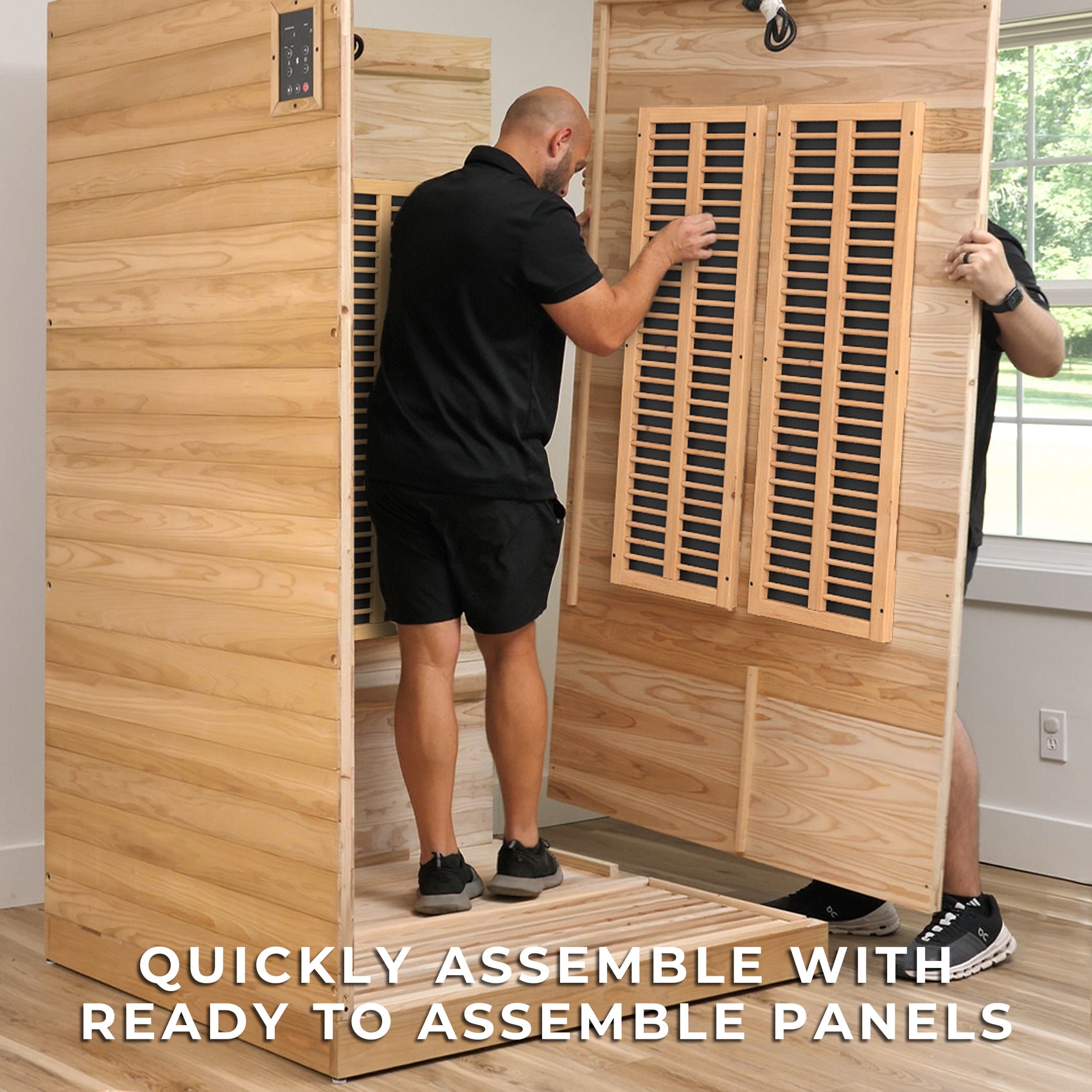 DIY assembly of Knox indoor infrared sauna kit with pre-built cedar wall panels