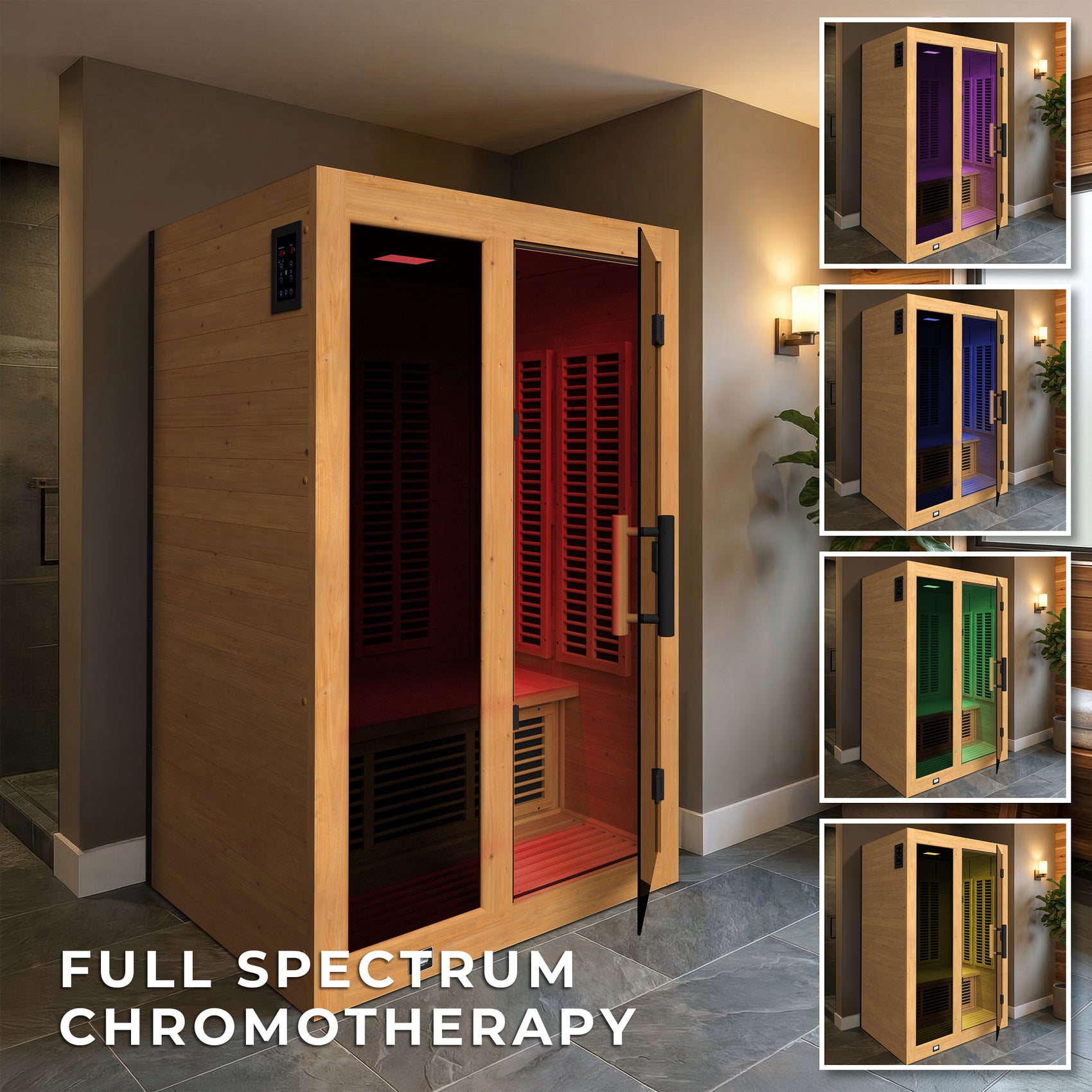 Knox Indoor Infrared Sauna – 2 Person sauna with open door, showing interior design and color options, labelled 'Full Spectrum Chromotherapy'.