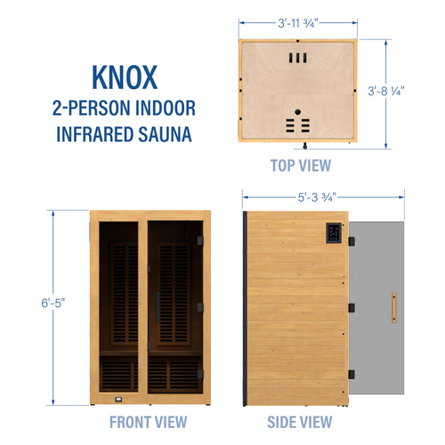 Technical diagram of Knox 2-person indoor infrared cedar sauna showing top, front, and side view dimensions | stacked