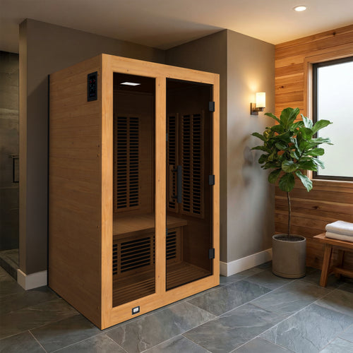 Backyard Discovery Knox 2-person indoor infrared sauna with tinted tempered glass in modern home