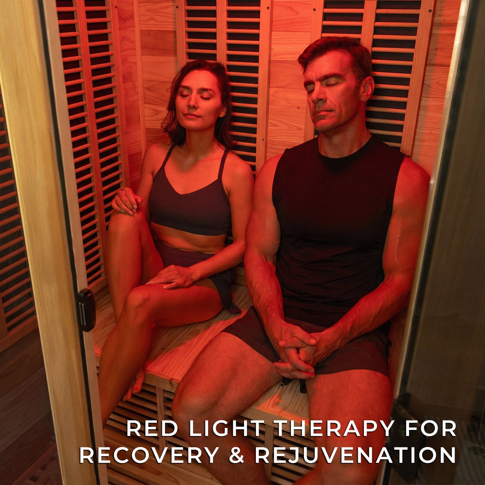 Red light therapy session inside Knox 2-person indoor infrared sauna