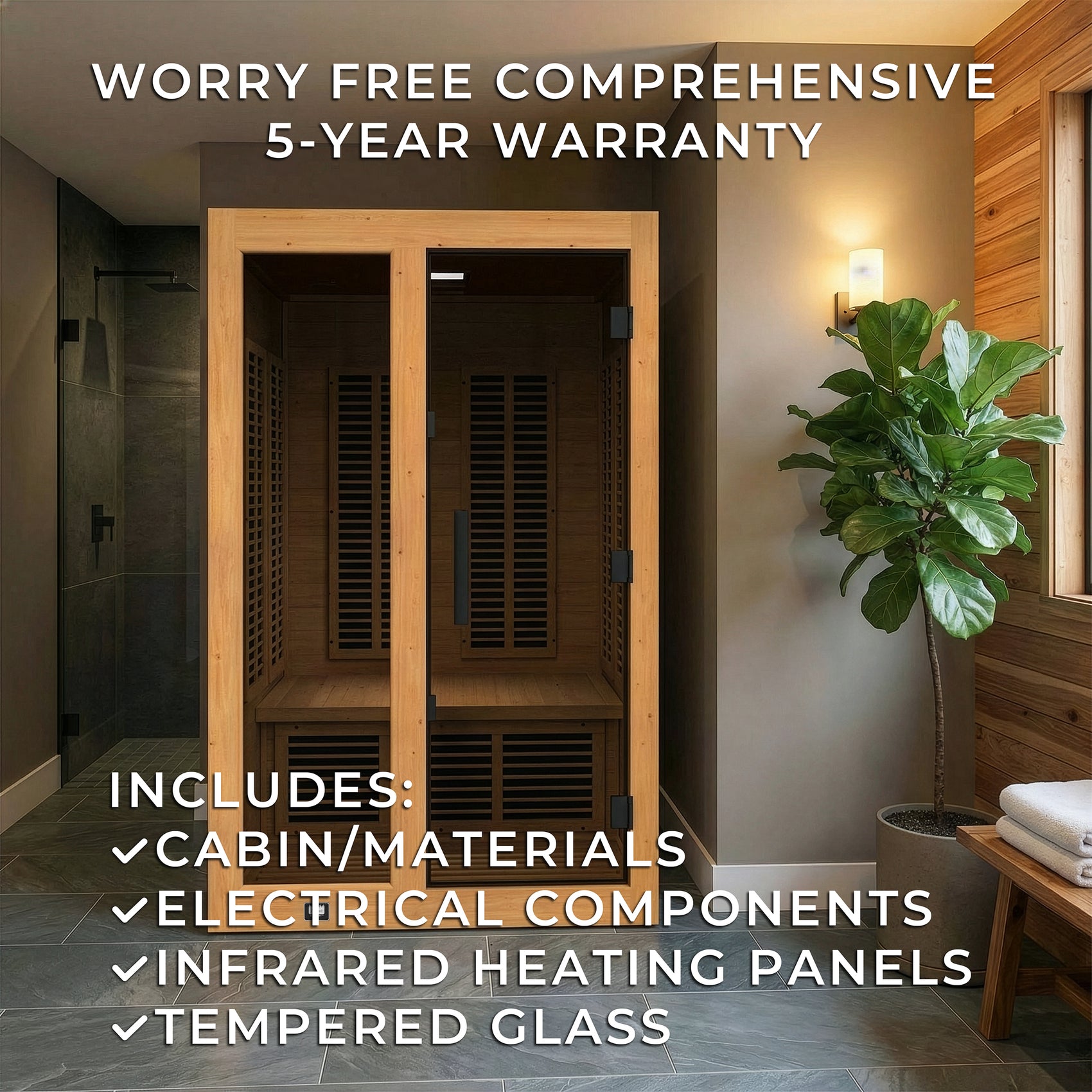 Knox Indoor Infrared Sauna – 2 Person with wooden door in a room setting, featuring text about a warranty.