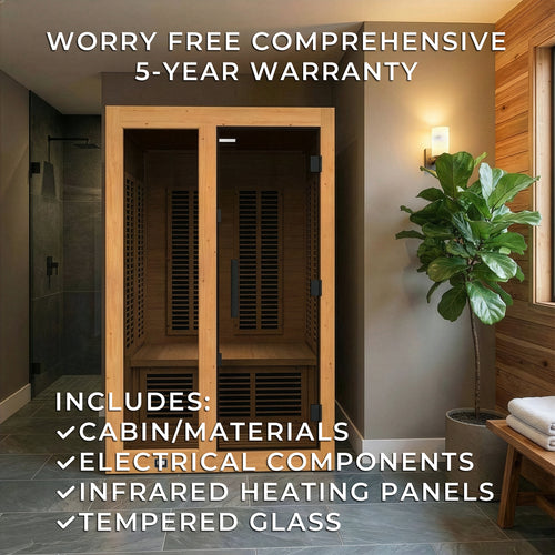Knox Indoor Infrared Sauna – 2 Person with wooden door in a room setting, featuring text about a warranty.