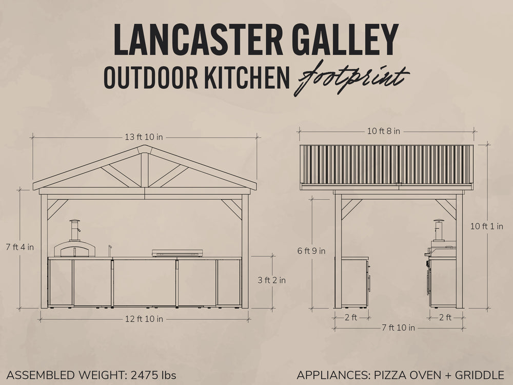Architectural footprint drawings show the Lancaster Galley backyard kitchen structure with a galvanized steel roof.