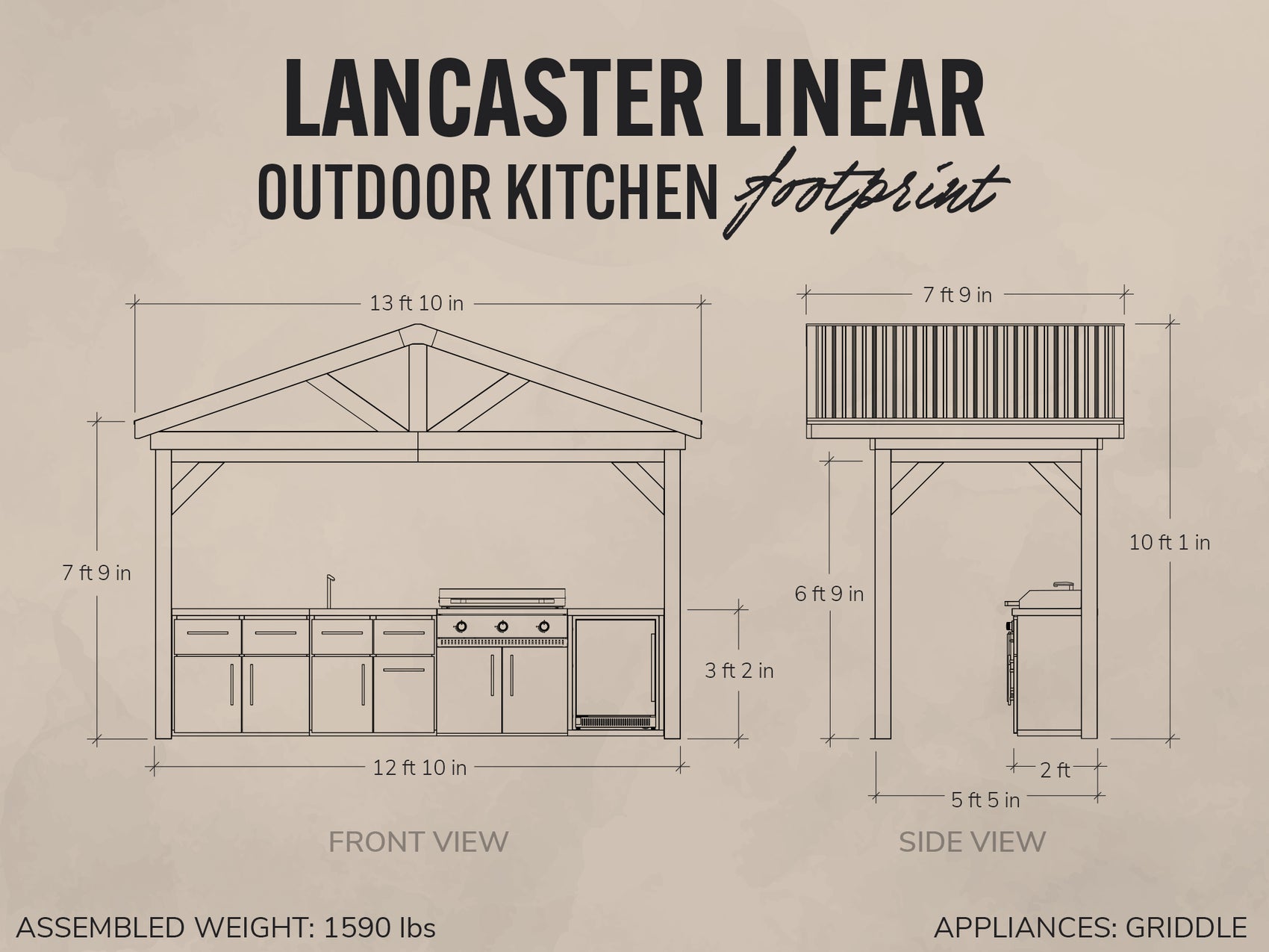 Architectural blueprint drawing of the Lancaster Linear outdoor kitchen island with a galvanized steel roof, griddle.
