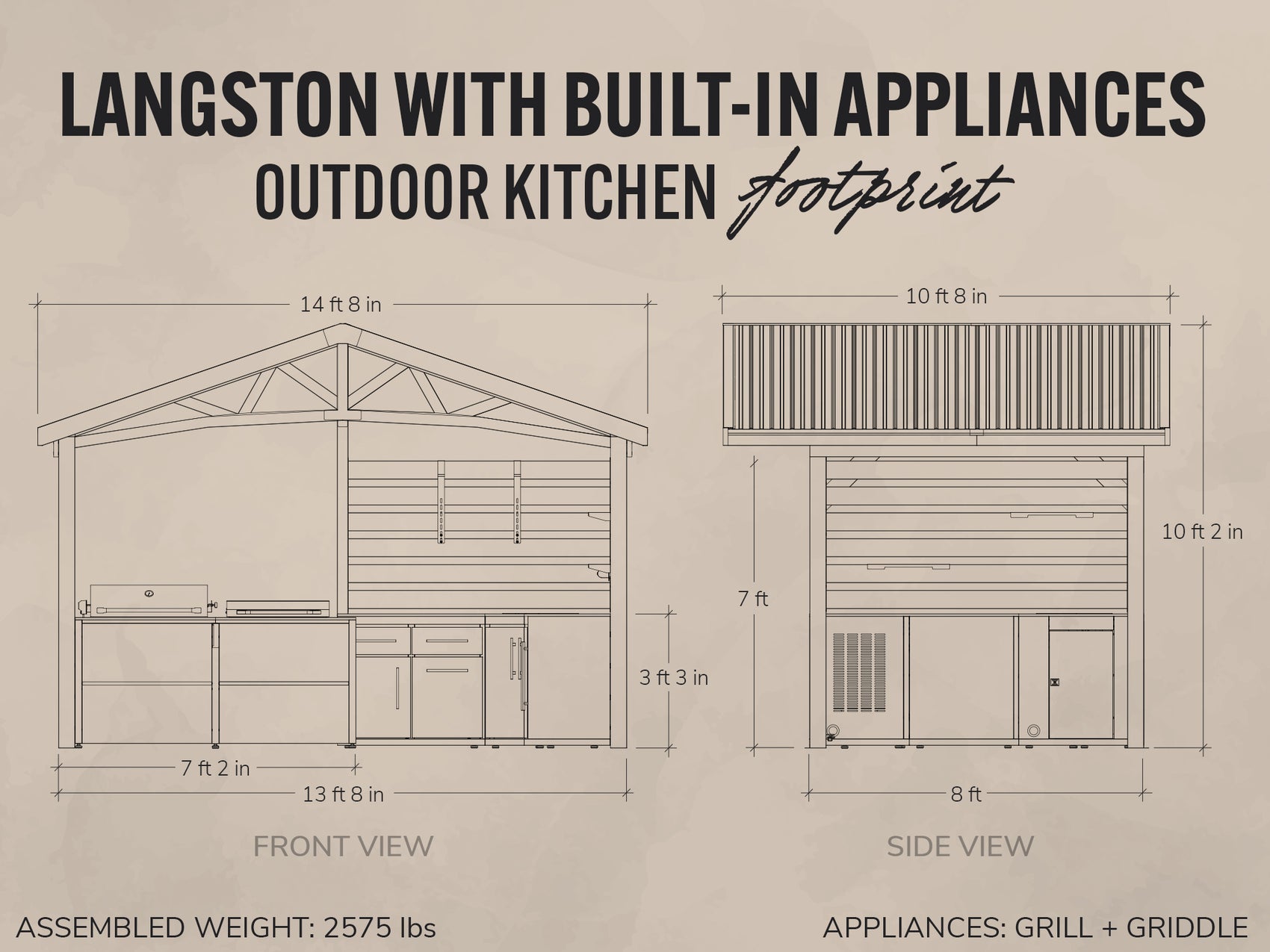 Blueprint drawings show the Langston outdoor kitchen's front and side views, featuring a galvanized steel roof, grill.