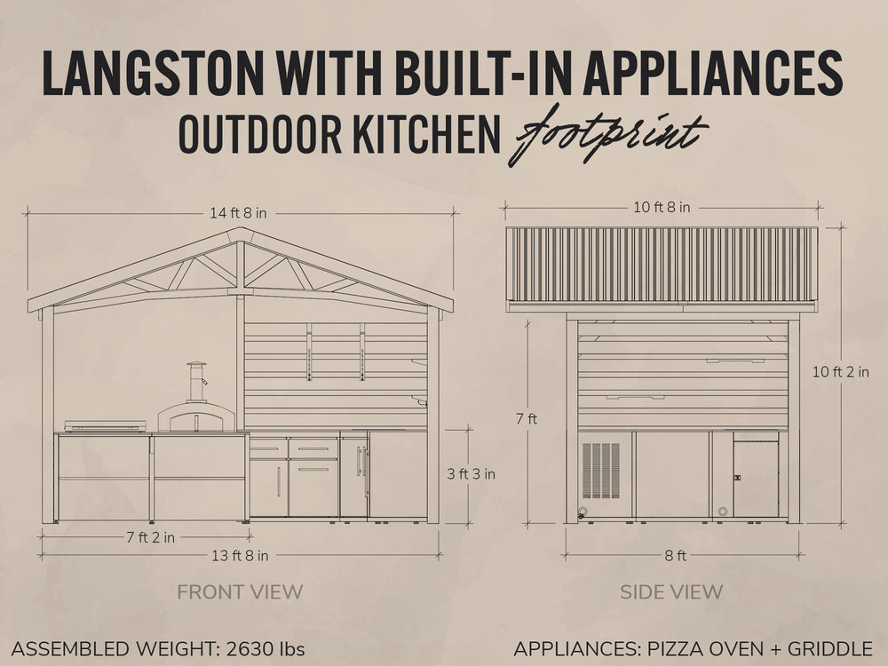 Blueprint footprint diagram of the Langston outdoor kitchen with front and side view dimensions.