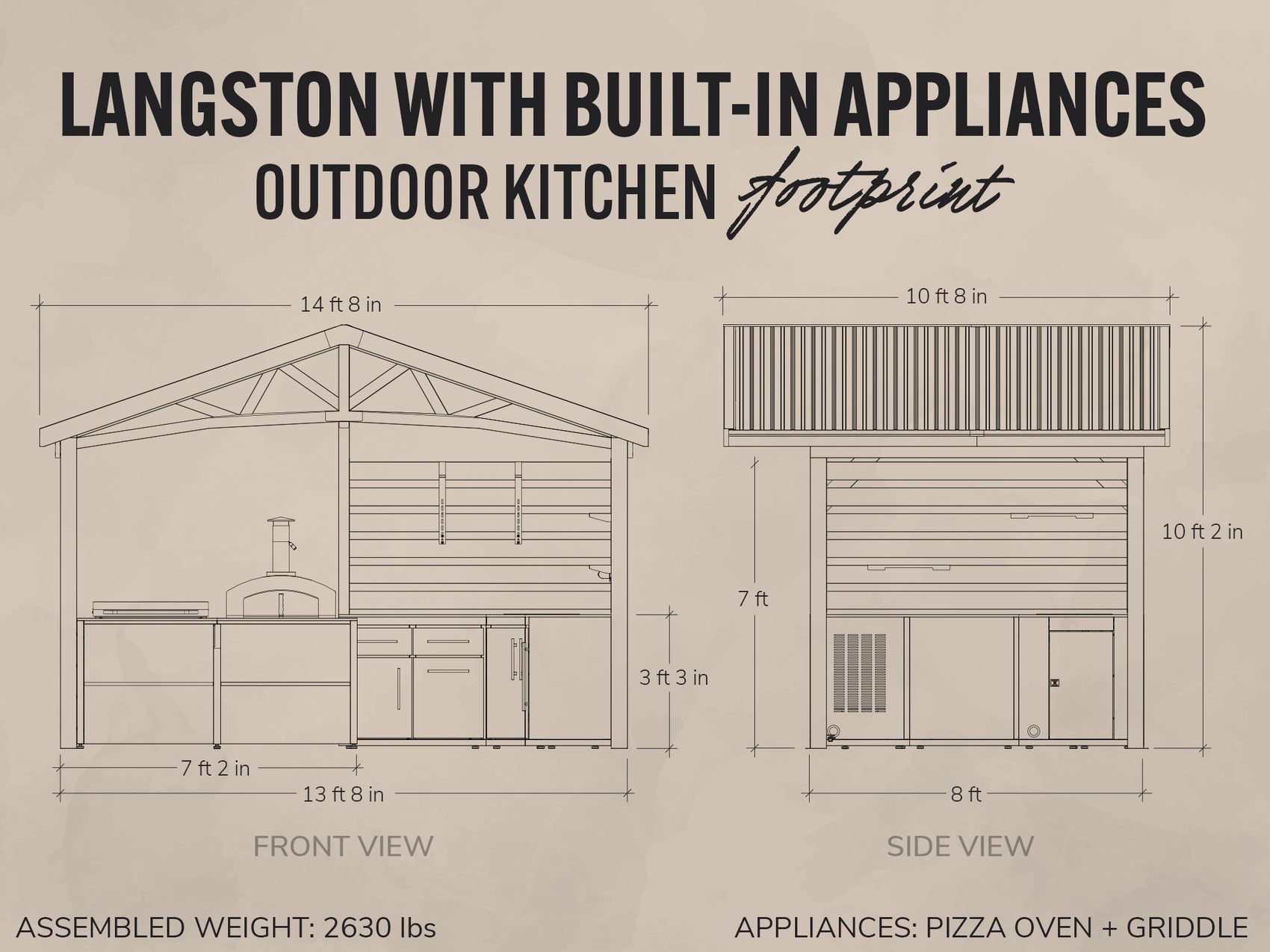Blueprint footprint diagram of the Langston outdoor kitchen with front and side view dimensions.