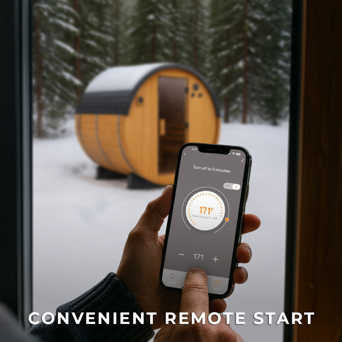 Person remote preheating Paxton outdoor barrel sauna temperature via smartphone app