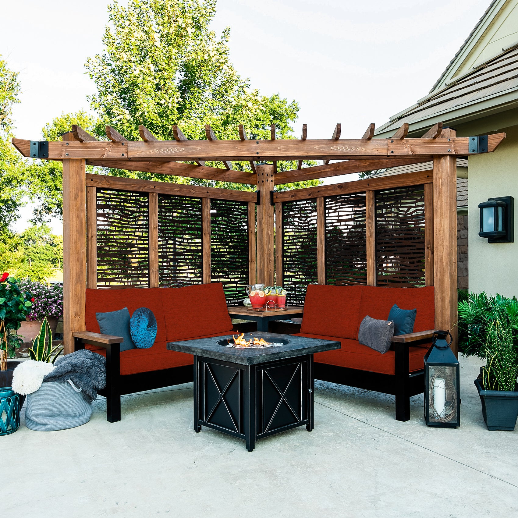 Tuscany Corner Pergola with Conversation Seating - Privacy Panels