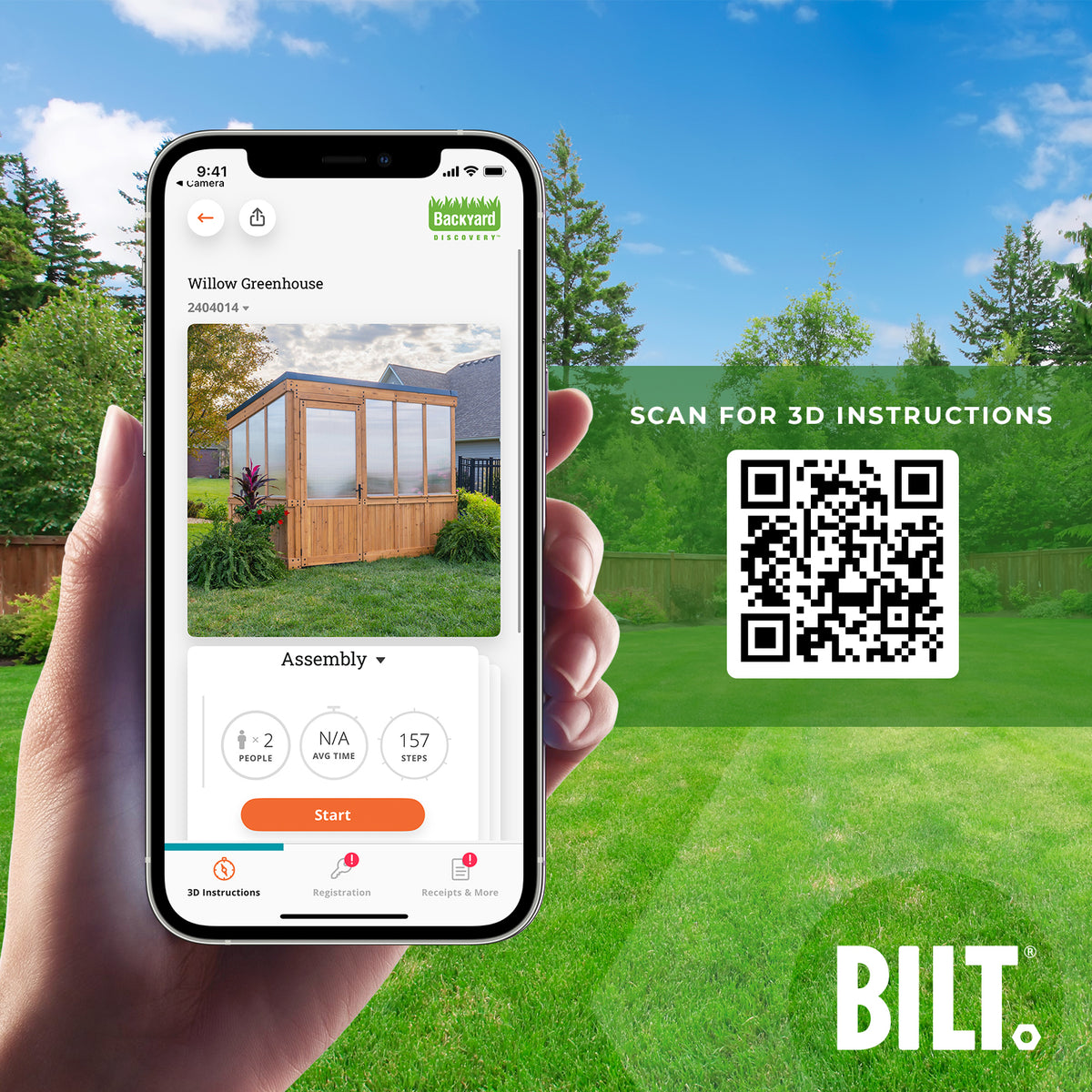 BILT app 3D assembly instructions for the White Willow greenhouse, shown on a smartphone.