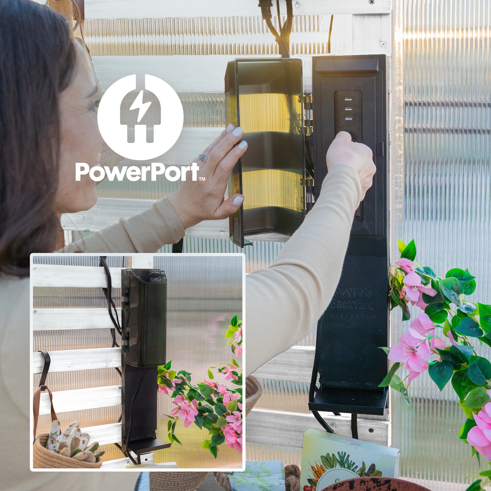 Woman opening the PowerPort electric hub with 3 outlets and 3 USB ports inside the White Willow greenhouse.
