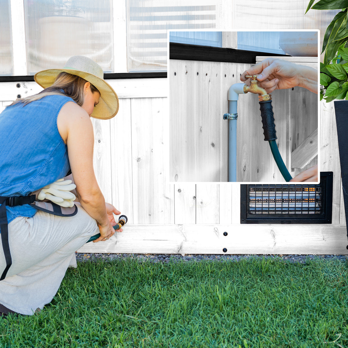 Woman connecting a garden hose to an outdoor spigot on a white-frame greenhouse kit foundation base.