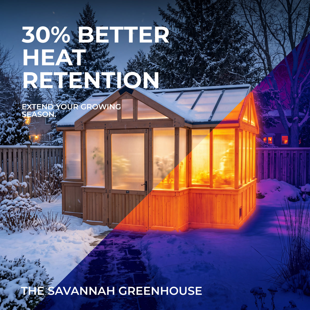 Backyard greenhouse with peaked polycarbonate roof glowing warm against a snowy winter backdrop.