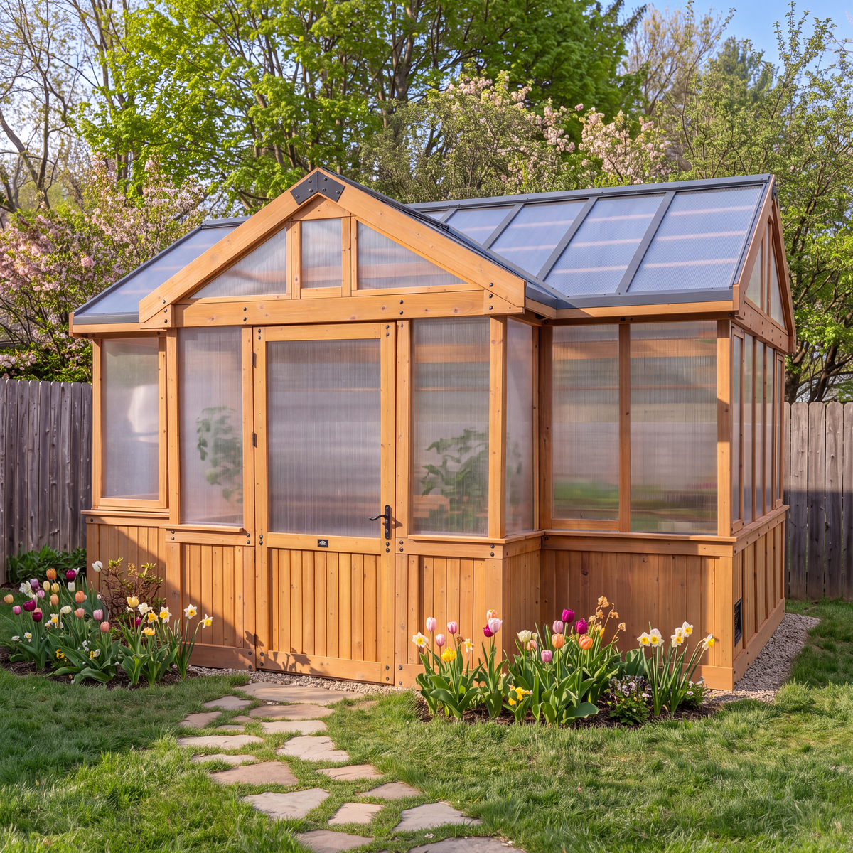 Cedar greenhouse shed with 4-wall polycarbonate panels and a peaked roof surrounded by spring tulips.