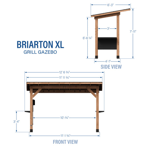 Technical diagram of bbq gazebo with cantilevered roof and steel bar countertops showing dimensions.