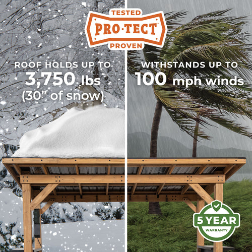 Hardtop bbq grill gazebo withstands heavy snow loads and high winds with five-year warranty protection.