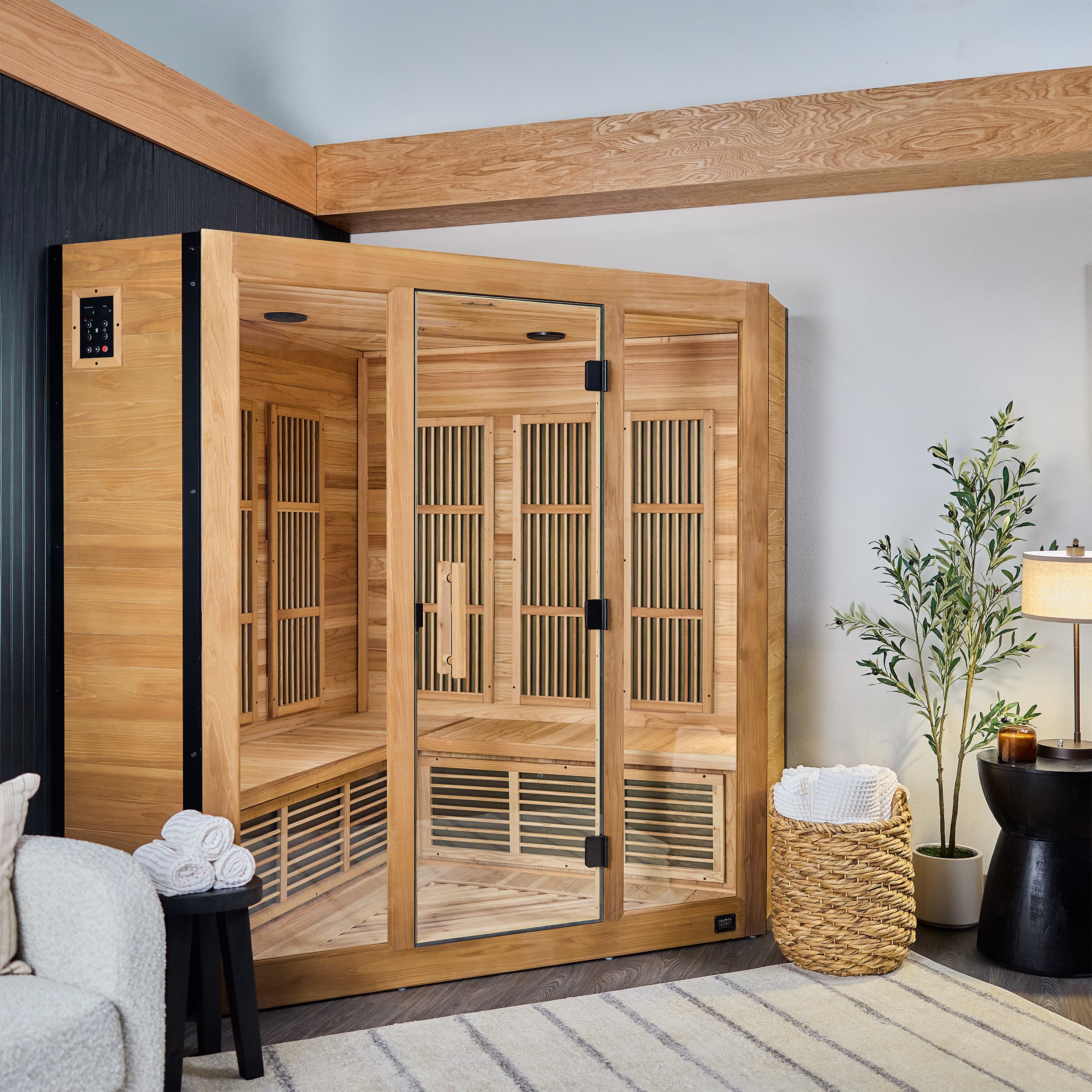 Backyard Discovery Rylan 4 person indoor infrared corner sauna with cedar and tempered glass double doors