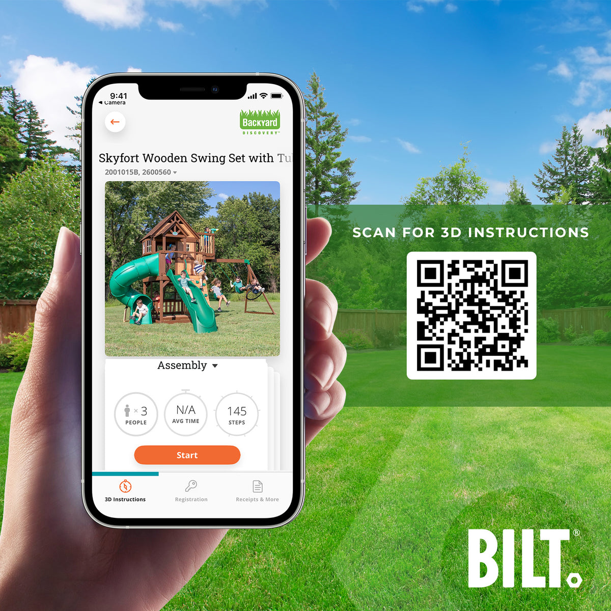 A hand holds a smartphone showing a Bilt Backyard app screen for an assembly guide of a wooden swing set, with a green lawn and blue sky in the background and a QR code on the right.