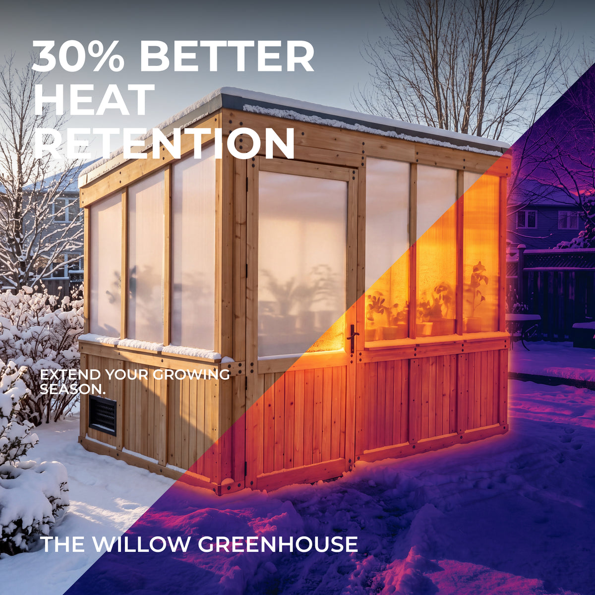 Wooden greenhouse with 4-wall polycarbonate panels glows warmly inside against a snowy winter backdrop.