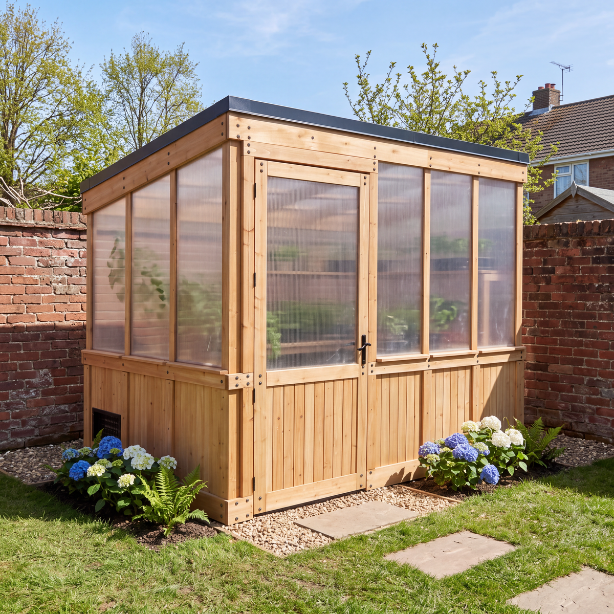 Garden greenhouse with clear 4-wall polycarbonate panels, wide entry door, and a flat dark roof.