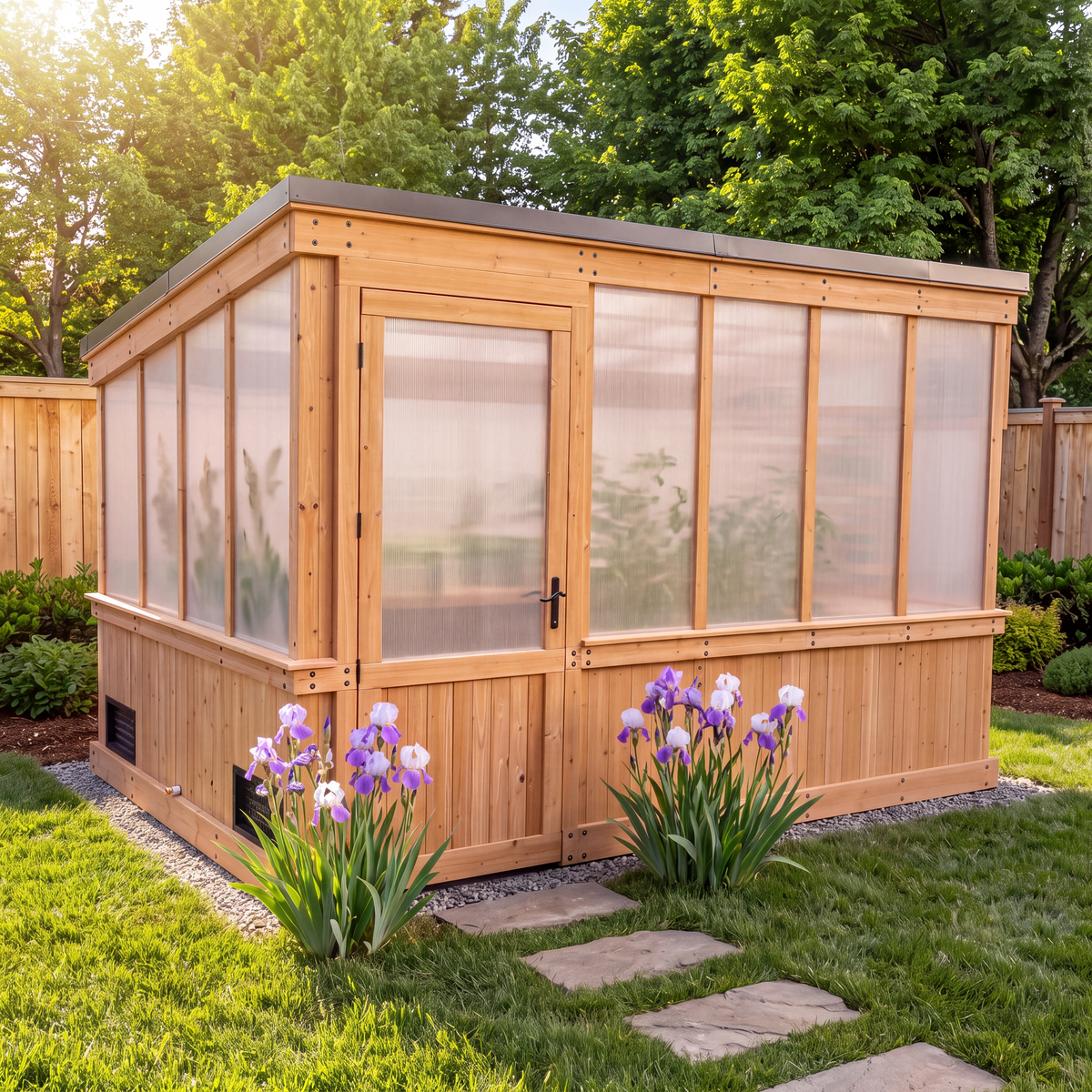 Wooden greenhouse with 4-wall polycarbonate panels and a flat sloped roof in a backyard.