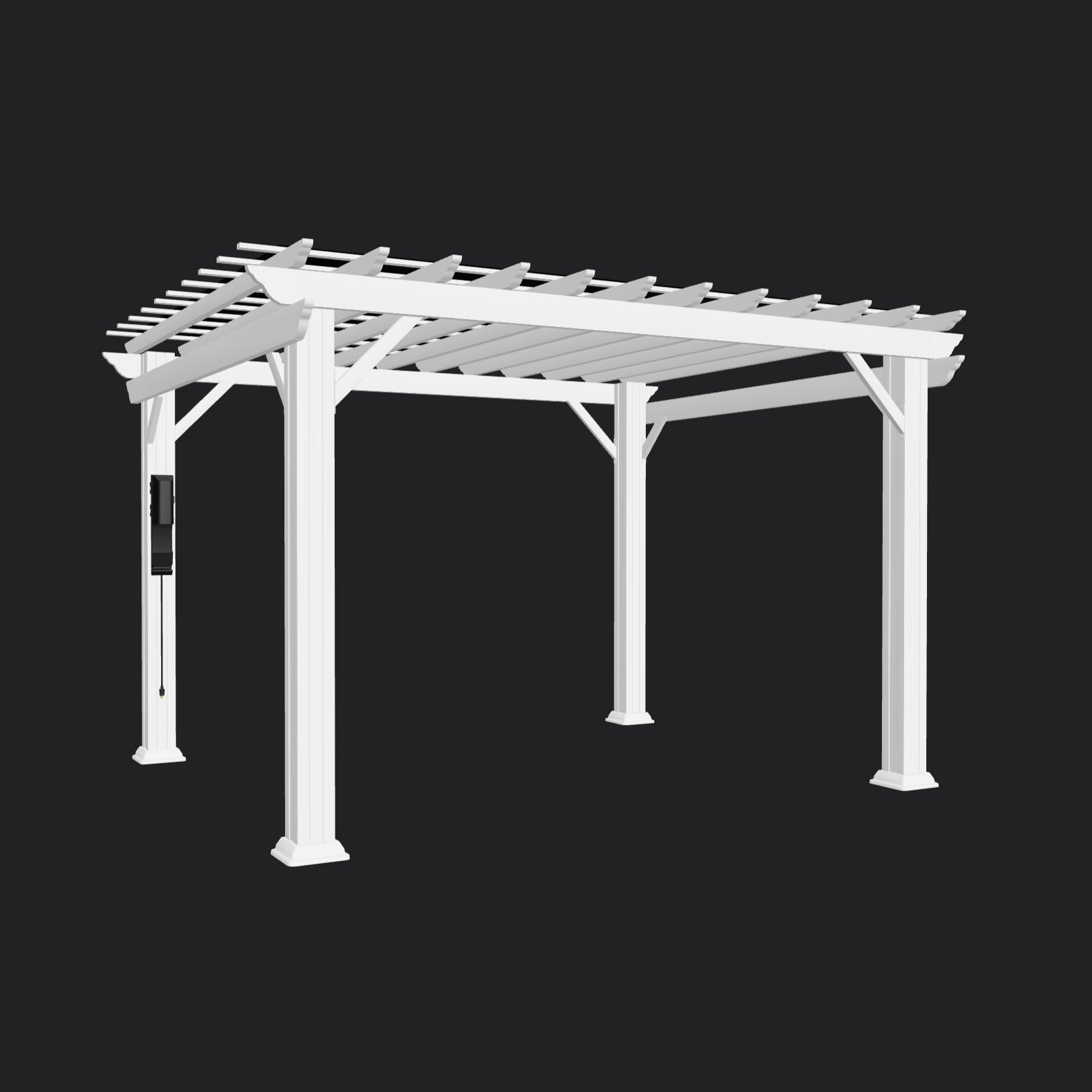 White powder-coated steel covered Stratford pergola with open trellis roof and four corner posts on dark background.