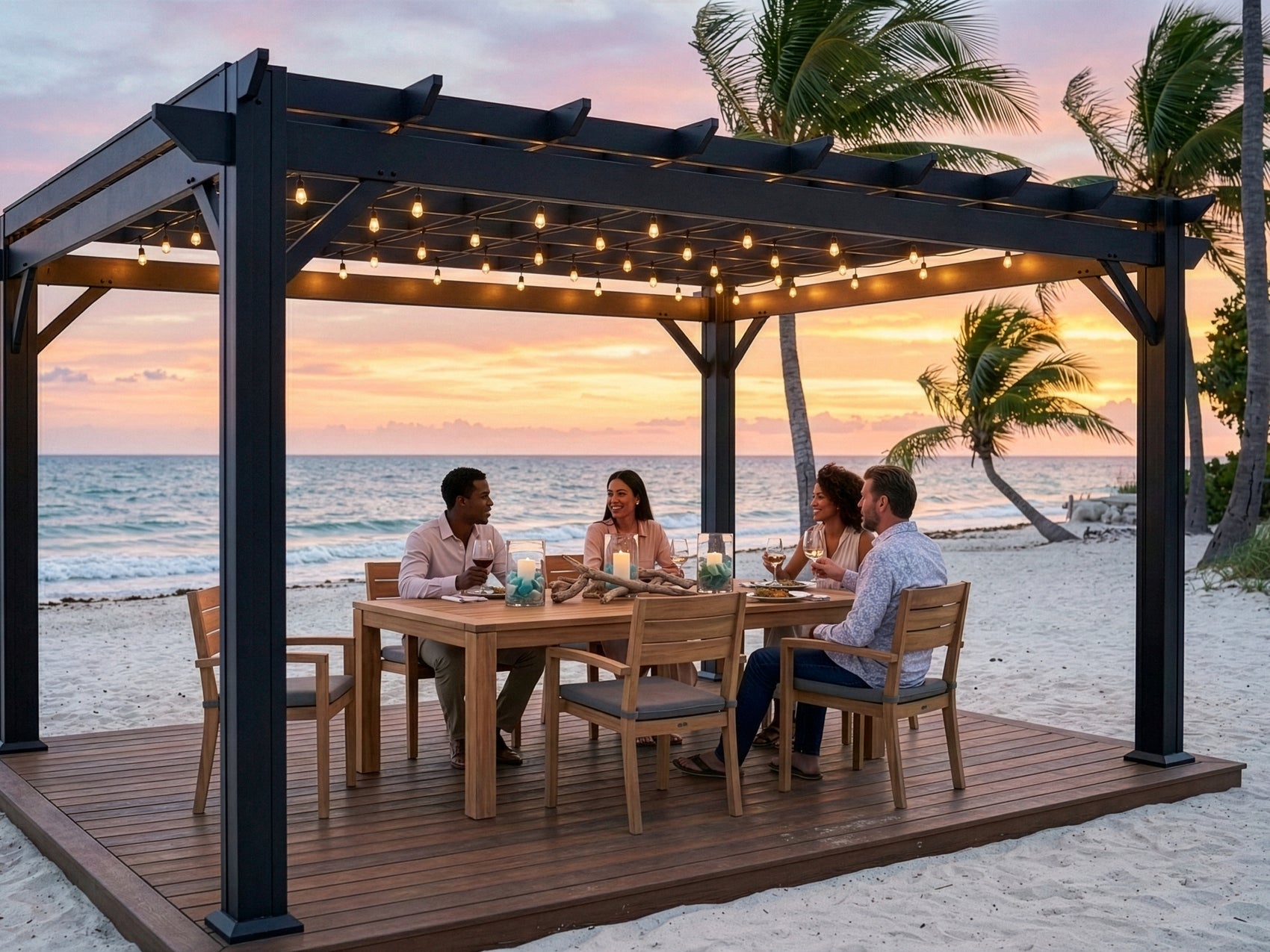 Black Stratford steel pergola patio with string lights over dining table on beach deck with ocean view and palm trees.