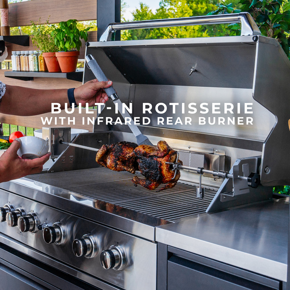 Built-in rotisserie with infrared rear burner