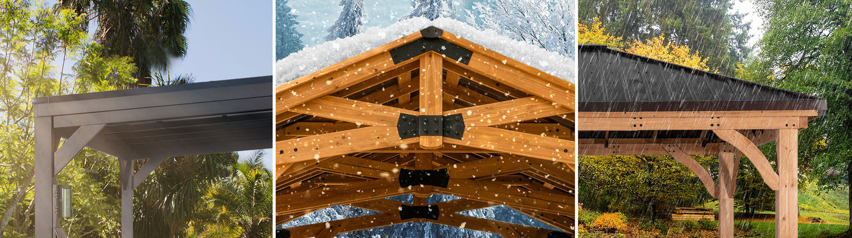 Three distinct Backyard Discovery gazebos in the sun, snow and rain