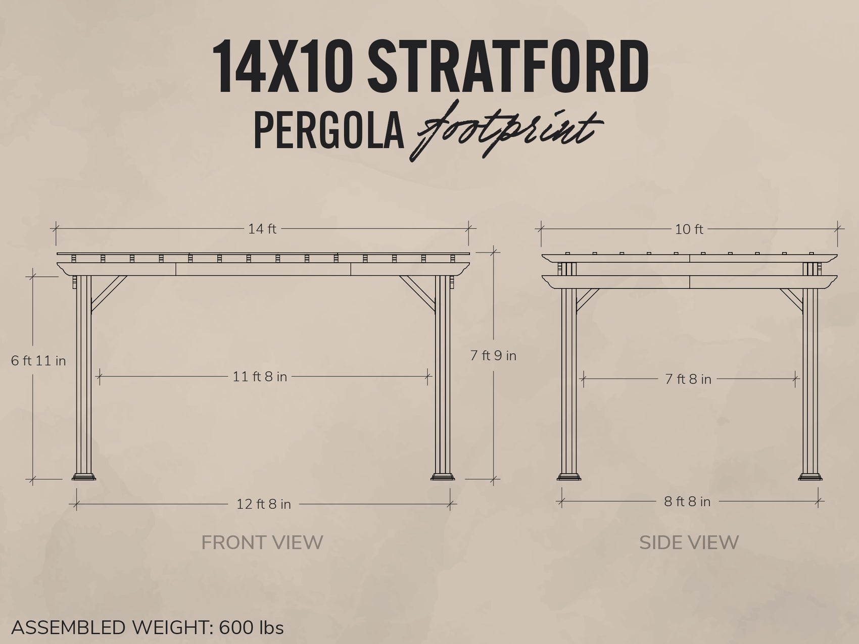 Dimensions of a 14x10 Stratford pergola on a beige background