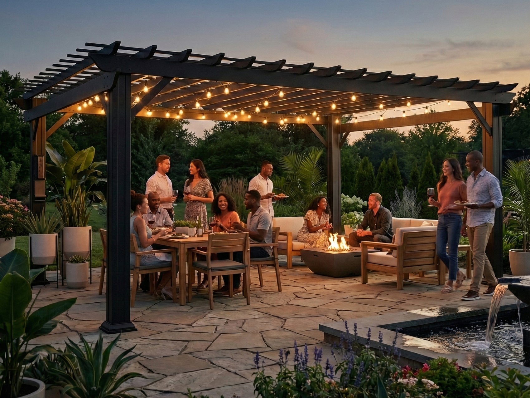 Stratford steel pergola with trellis roof and string lights creating pergola shade over outdoor dining area with fire pit.