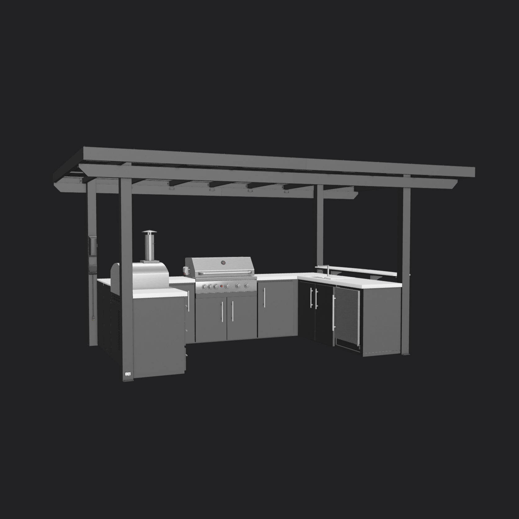 Edgemont Bay outdoor kitchen with built-in grill, artisan pizza oven and outdoor rated fridge, under galvanized steel roof.