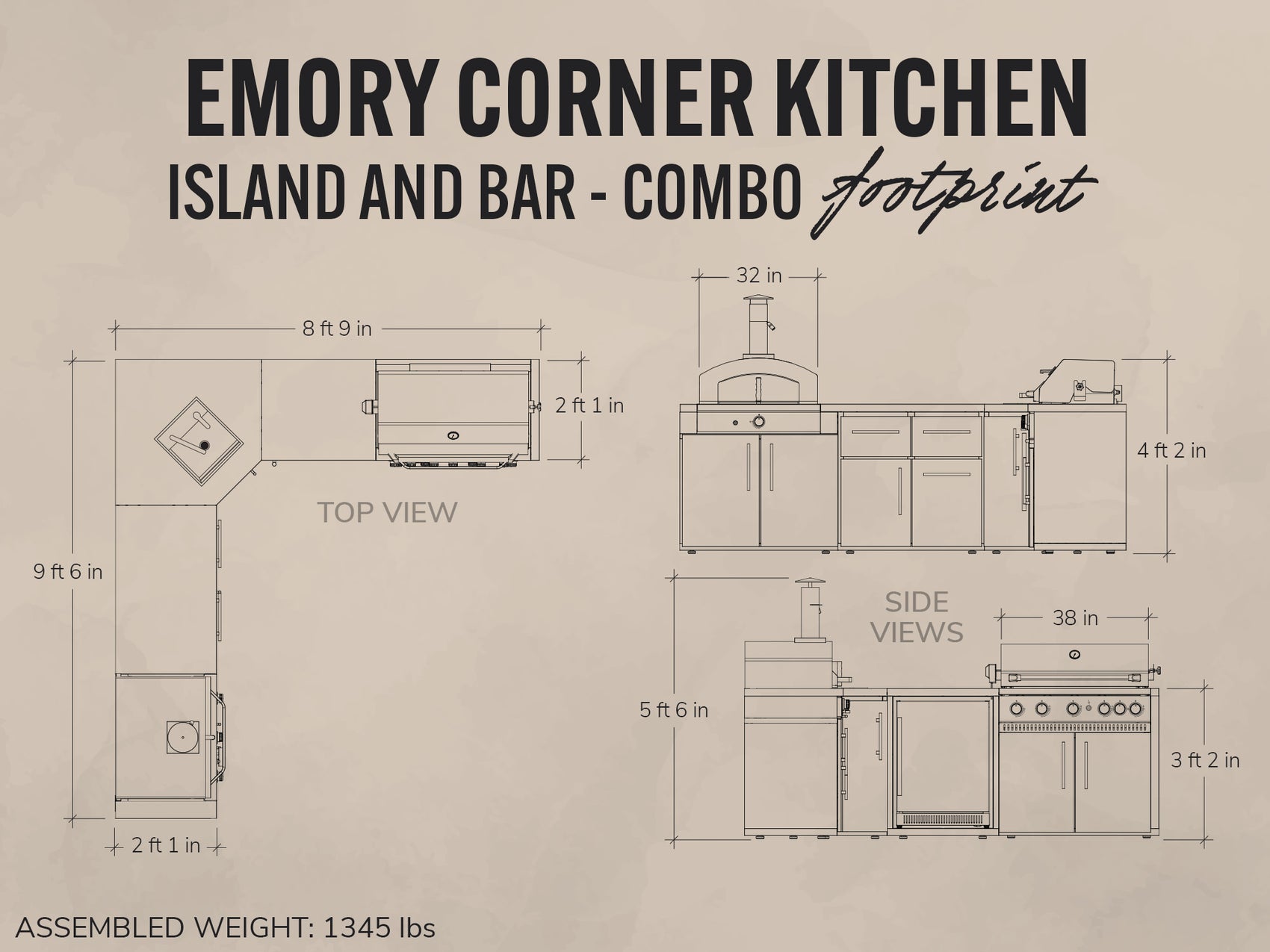 Diagram of Emory Corner Kitchen Island and Bar Combo with dimensions on a beige background