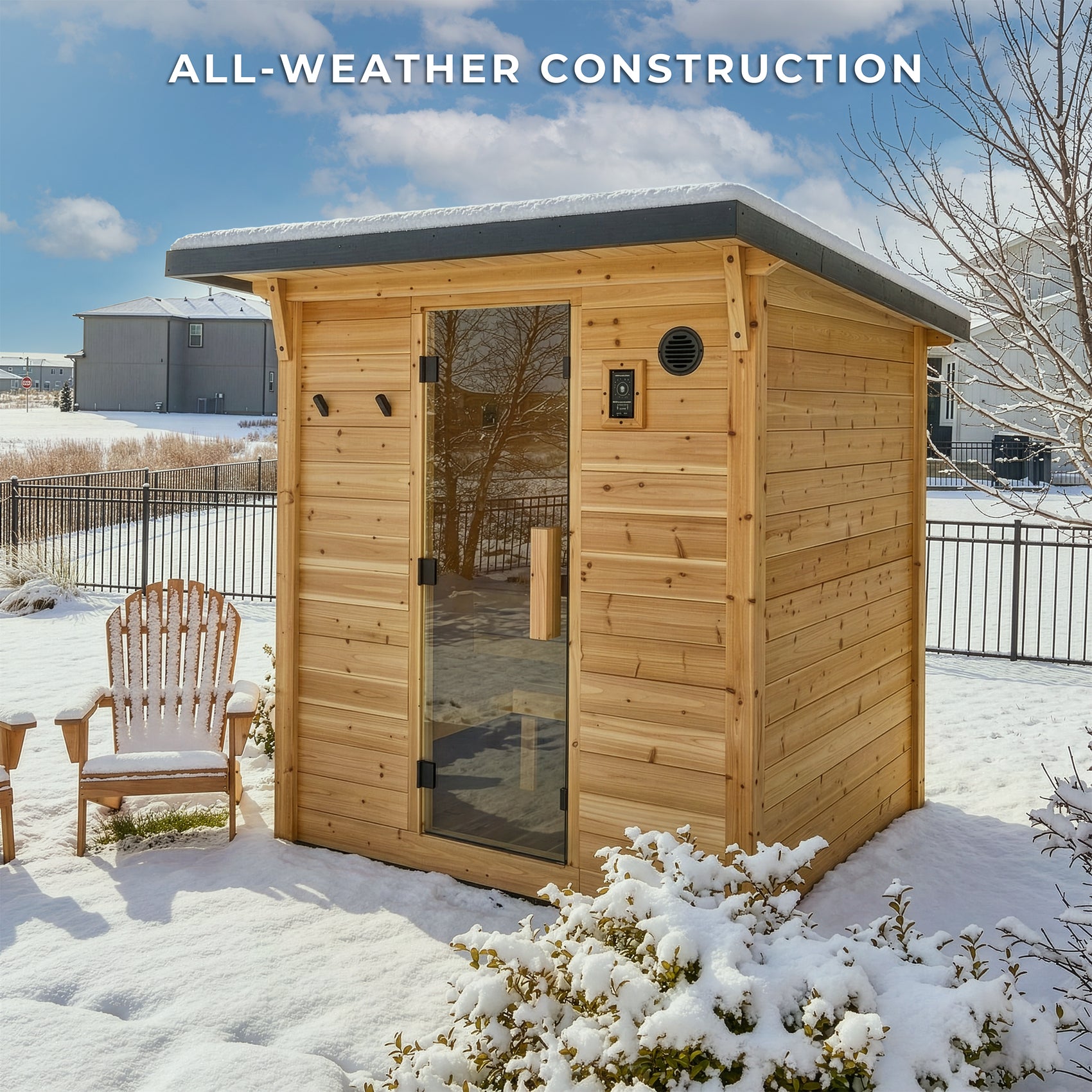 All-weather Henley outdoor cabin sauna with glass door and steel roof in snowy backyard showing wood construction